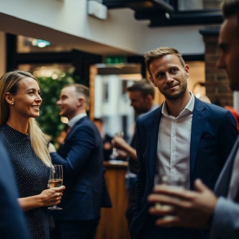 People socialising at informal business Christmas drinks